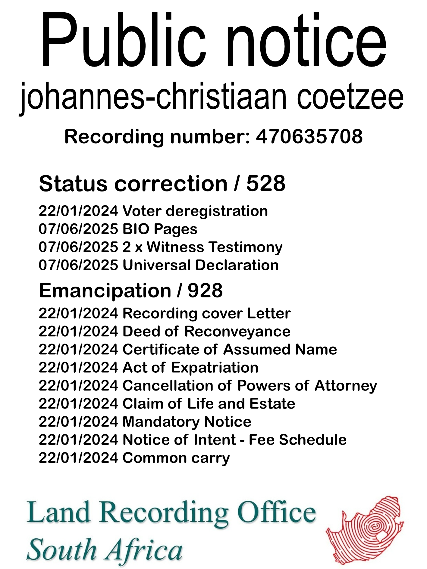 Public Notice johannes-christiaan coetzee (c) Recording number 470635708